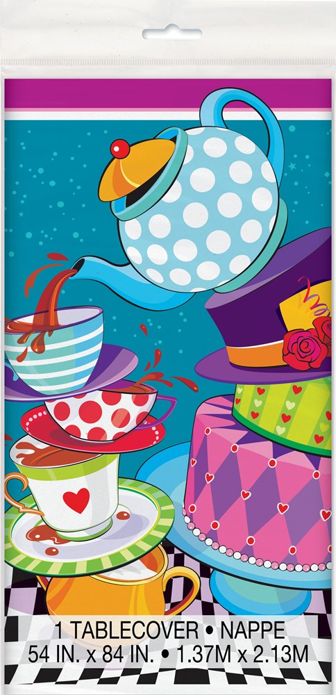 Colorful tablecover featuring a whimsical teapot pouring tea into teacups stacked on saucers, with a purple and pink hat and