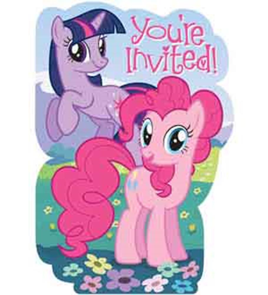Colorful My Little Pony birthday invite featuring pink and purple ponies with "You're Invited!" text in red cursive.