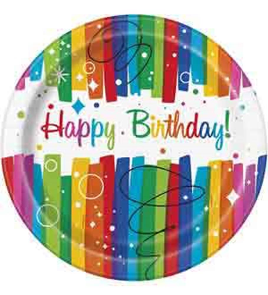 Round paper plate with colorful vertical rainbow ribbons and "Happy Birthday!" in multicolored script letters.