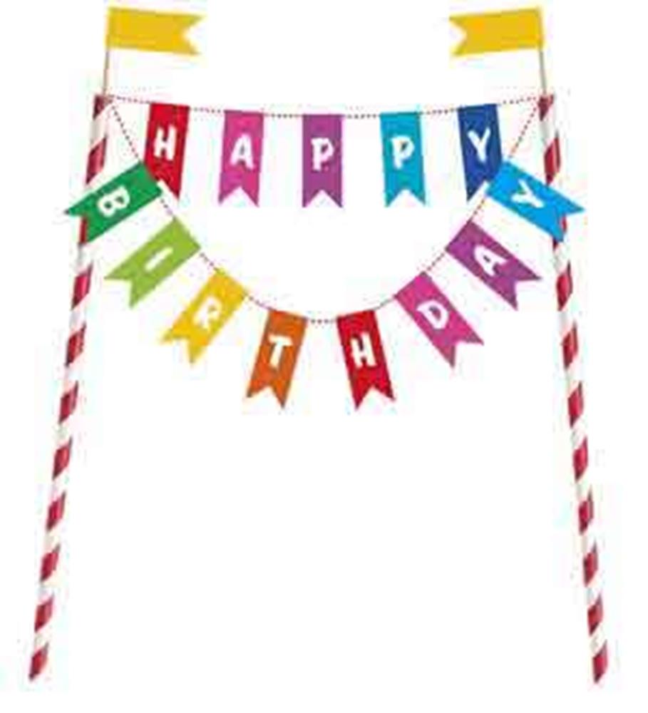 Colorful rainbow bunting cake topper with "Happy Birthday" letters hung between striped red and white poles, topped with.