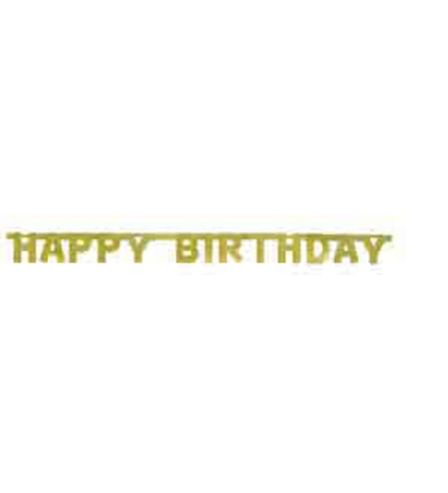 Gold foil "HAPPY BIRTHDAY" banner with bold, uppercase letters on a hanging string.