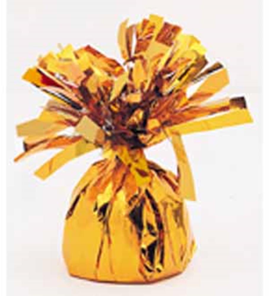 Shiny metallic orange foil balloon weight with crinkled top streamers and a rounded base.