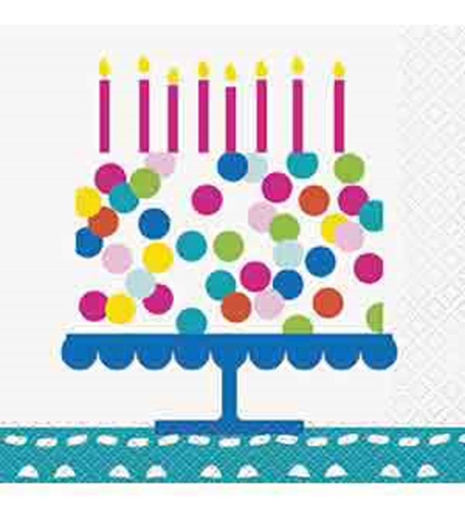 Square napkin with colorful confetti dots, pink birthday candles, and blue cake stand design.