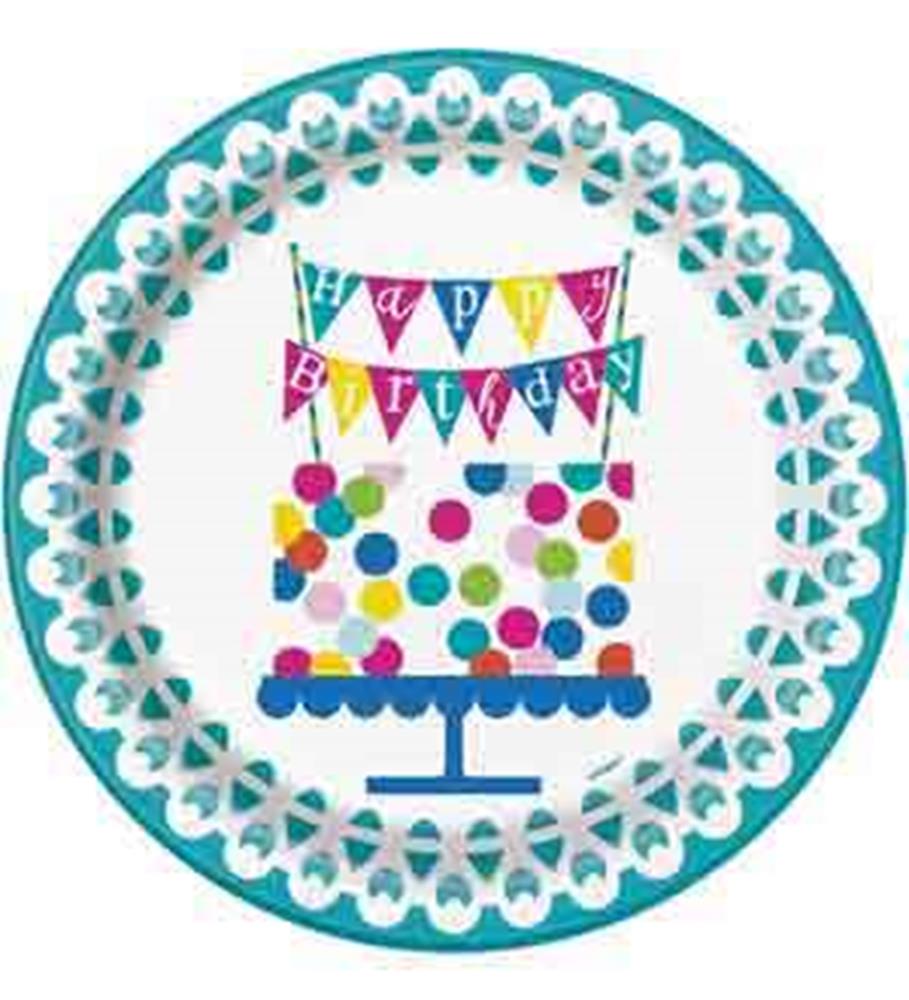 White round paper plate with turquoise scalloped edge, multicolored confetti dots, and a birthday cake graphic topped with a