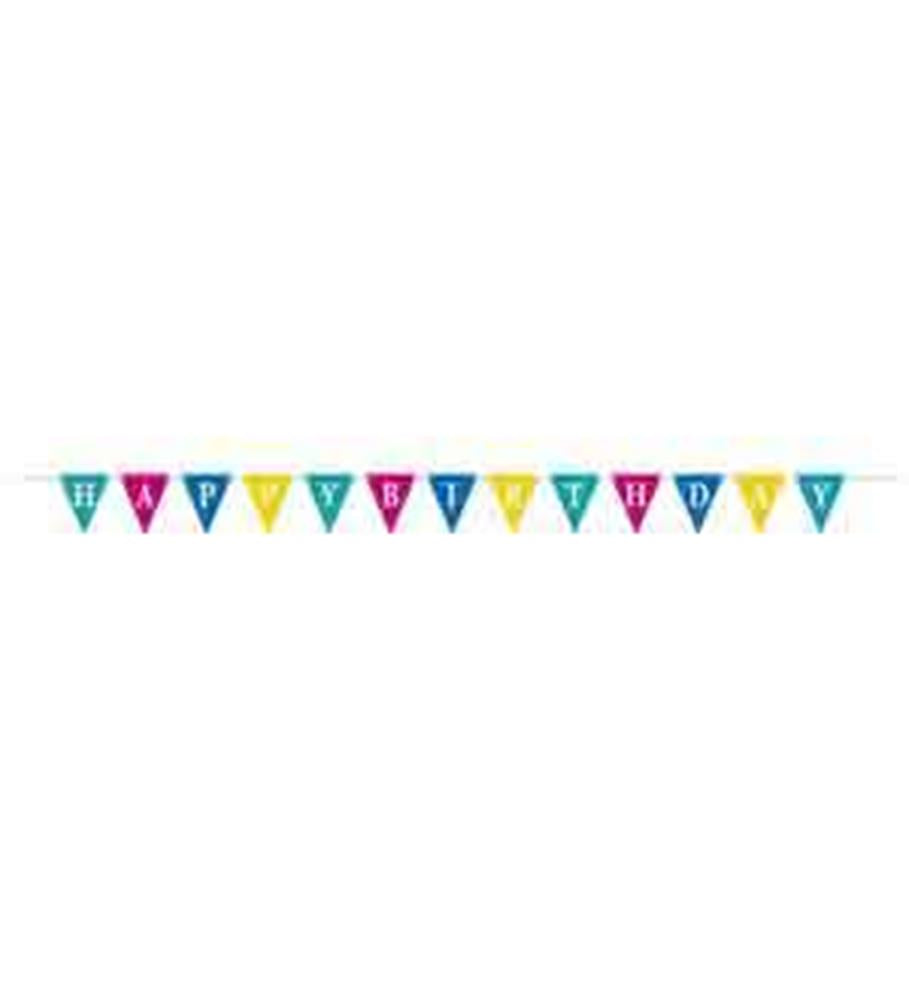 Colorful triangular flag banner with alternating blue, pink, and yellow flags spelling out "HAPPY BIRTHDAY" in white.