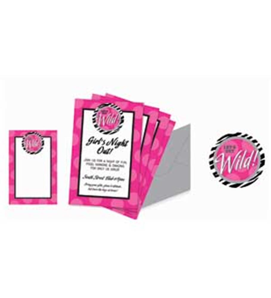 Pink and zebra print birthday invitations with editable text and matching round stickers.