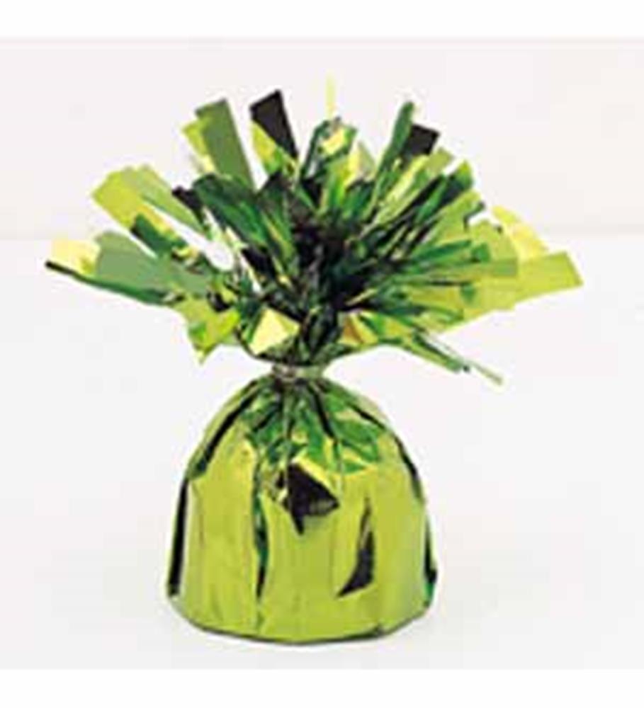 Shiny lime green foil balloon weight with crinkled top fringe design.