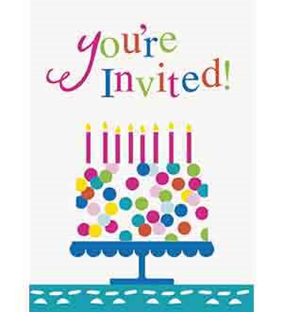 Birthday invitation with colorful confetti cake topped with seven lit pink candles on blue stand, "You're Invited!" text in.