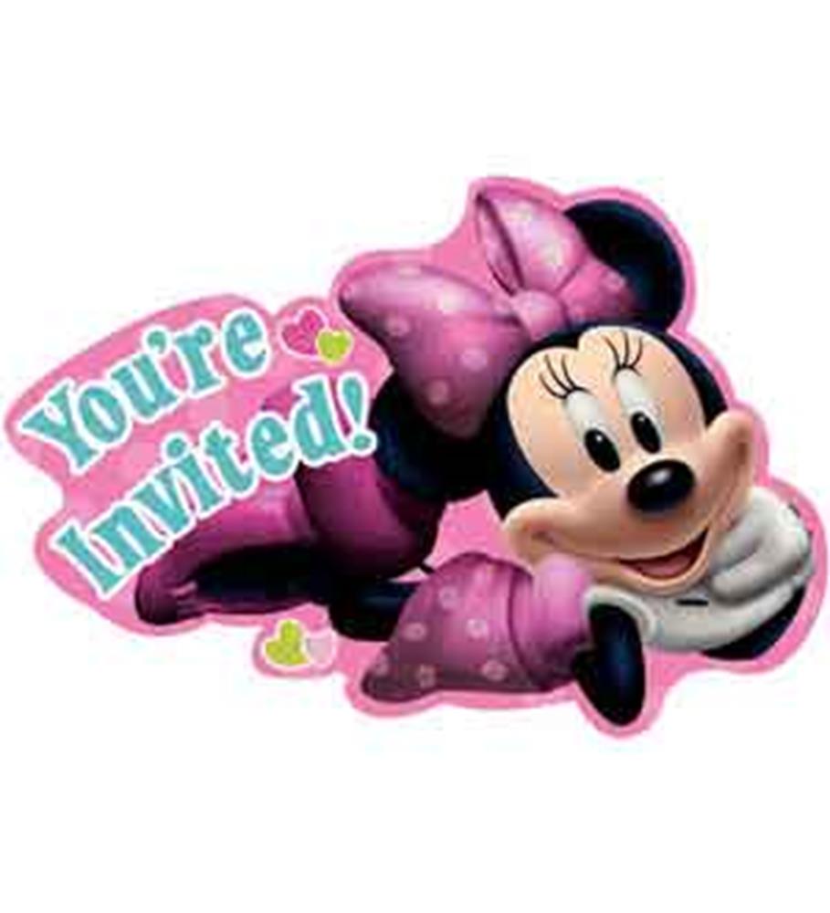 Pink Minnie Mouse invitation card shaped like Minnie with a large pink polka-dot bow and teal "You're Invited!" text.