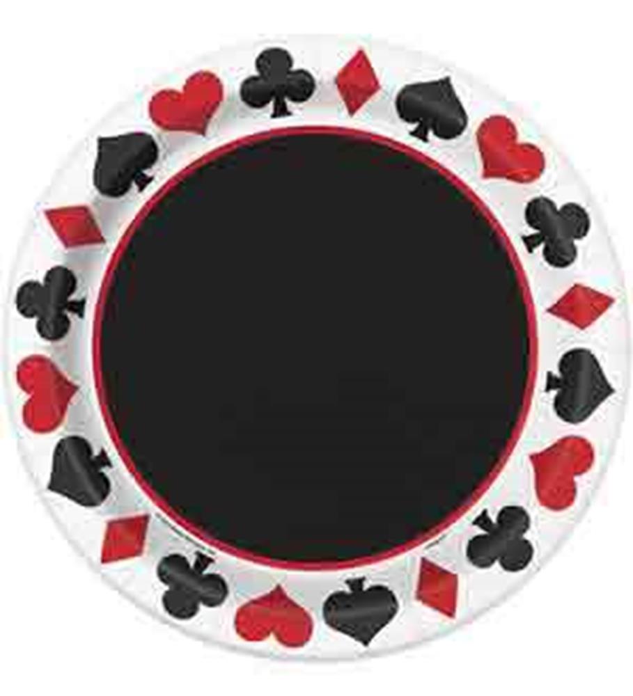 Round party plate with black center, bordered by alternating red hearts and diamonds and black clubs and spades on white.
