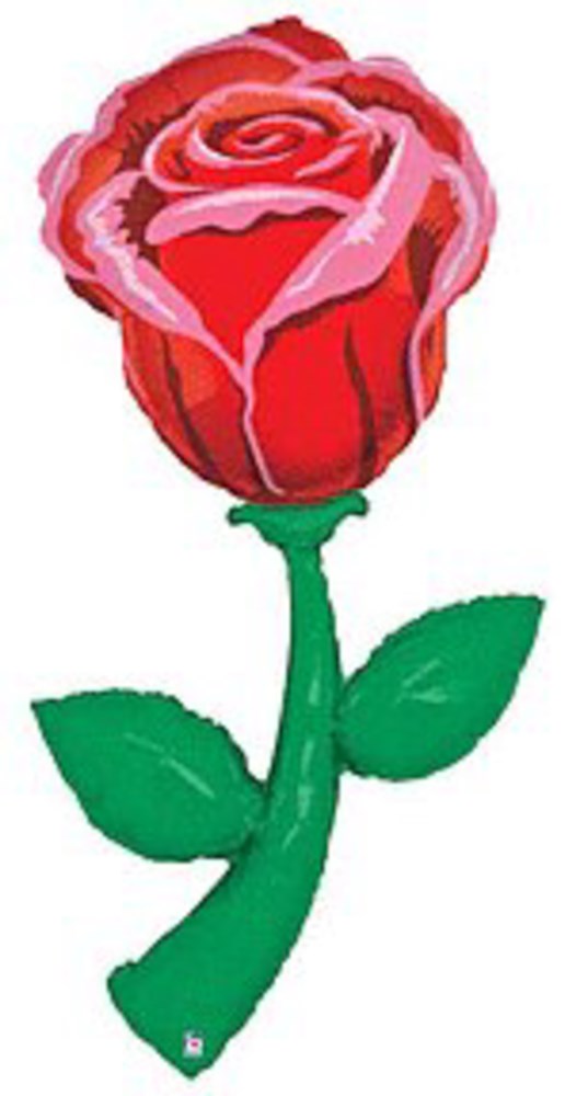 Red foil balloon shaped like a single rose with green stem and leaves, 60 inches tall.