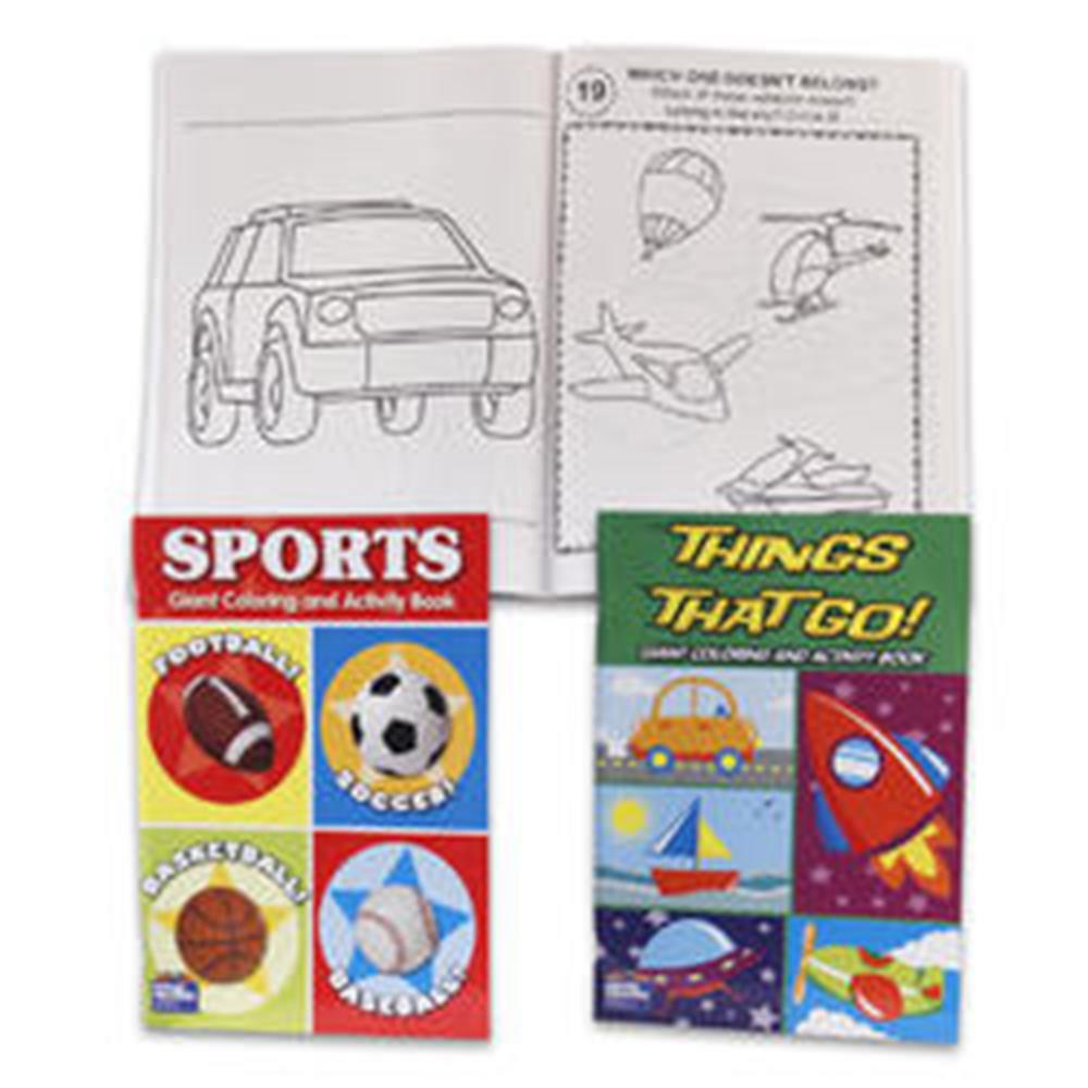 Folded giant coloring book featuring sports and transportation themes with black-and-white line drawings and colorful covers.