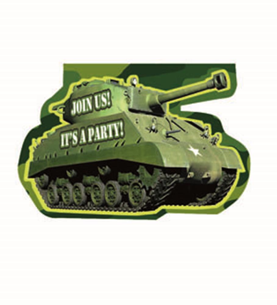 Green military tank-shaped party invitation with camouflage accents and white text reading "Join us! It's a party!".