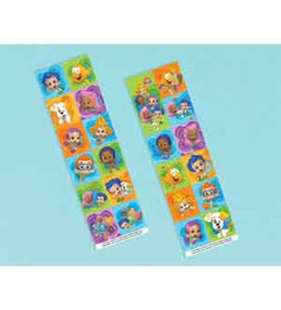 Colorful Bubble Guppies character sticker strips with varied backgrounds on light blue surface.