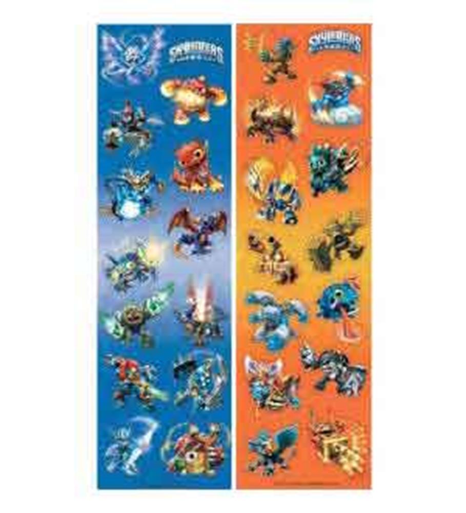 Two vertical sticker strips featuring colorful Skylanders characters on blue and orange backgrounds, each with eight.