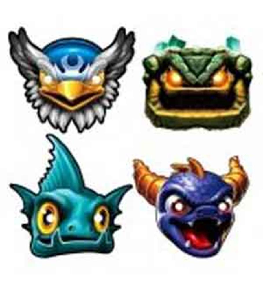 Set of four colorful Skylanders-themed paper masks featuring a blue eagle with white wings, a green stone face with glowing.