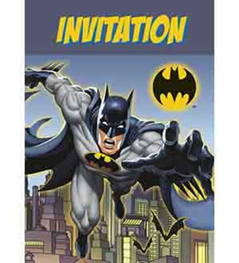 Batman-themed birthday invitation with Batman in gray suit flying over Gotham City and yellow "Invitation" text.