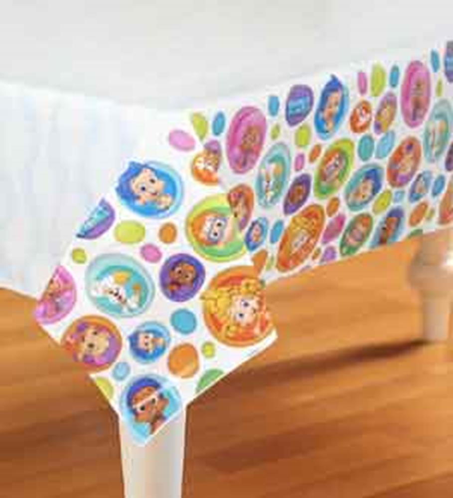 Colorful Bubble Guppies tablecover with character bubbles on white background, 54x96 inches.