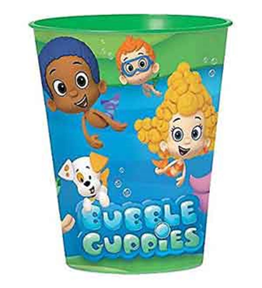 16oz green plastic cup with colorful Bubble Guppies characters and logo.