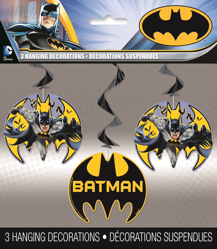 Three Batman-themed hanging swirl decorations featuring Batman in action poses and a circular Batman logo with yellow bat.