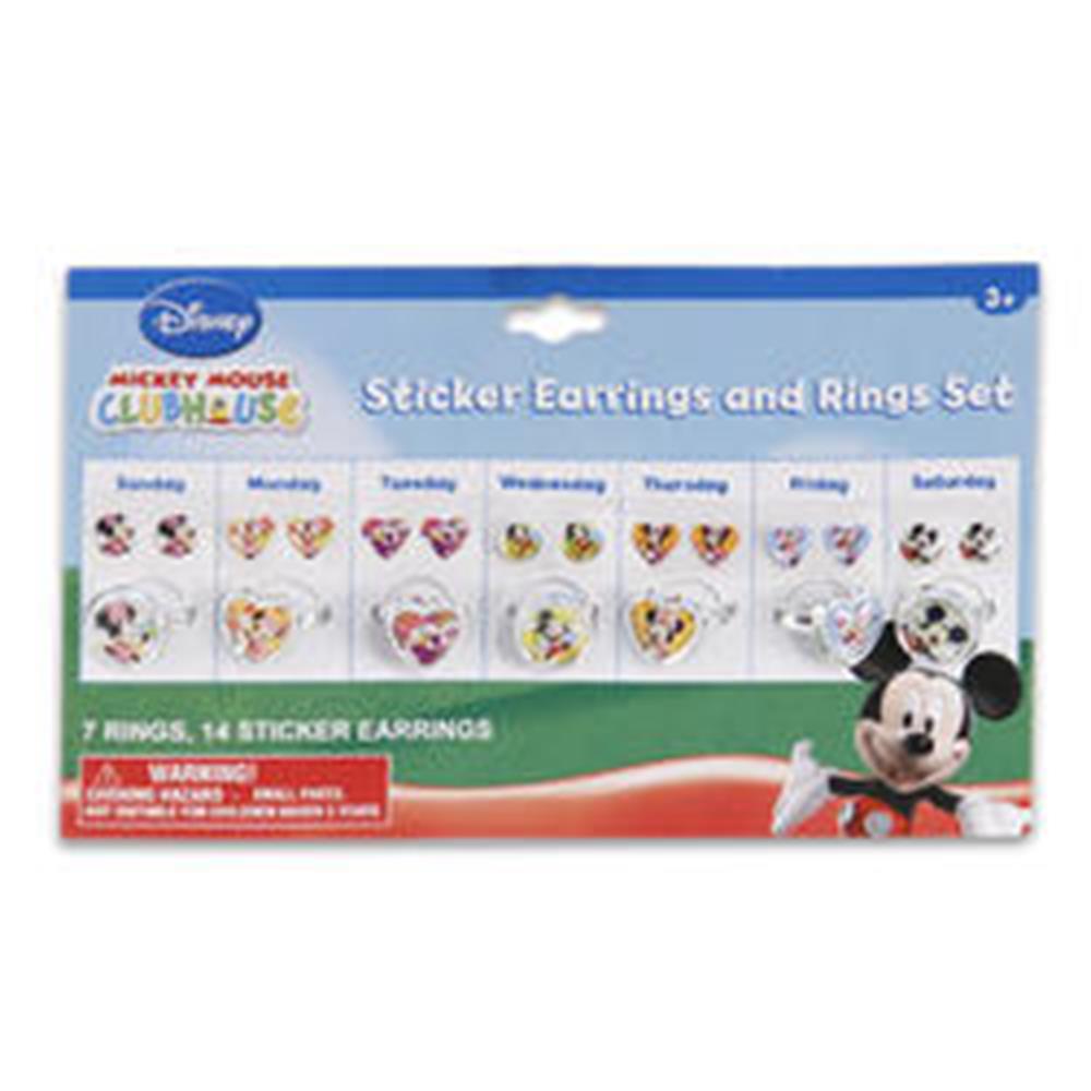 Disney Mickey Mouse Clubhouse sticker earrings and rings set with colorful day-themed designs for boys’ parties.