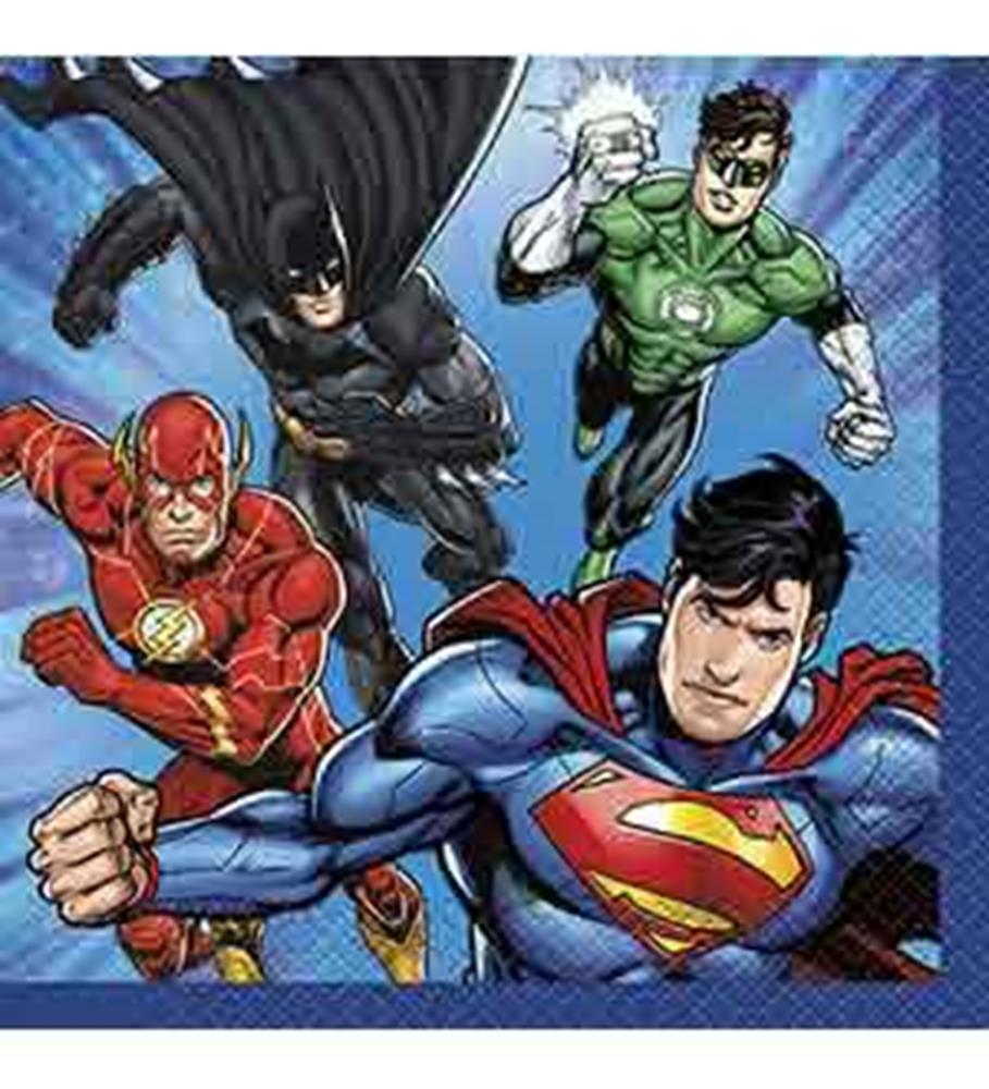 Square blue paper napkins featuring colorful illustrations of Superman, Batman, Flash, and Green Lantern in dynamic flying.