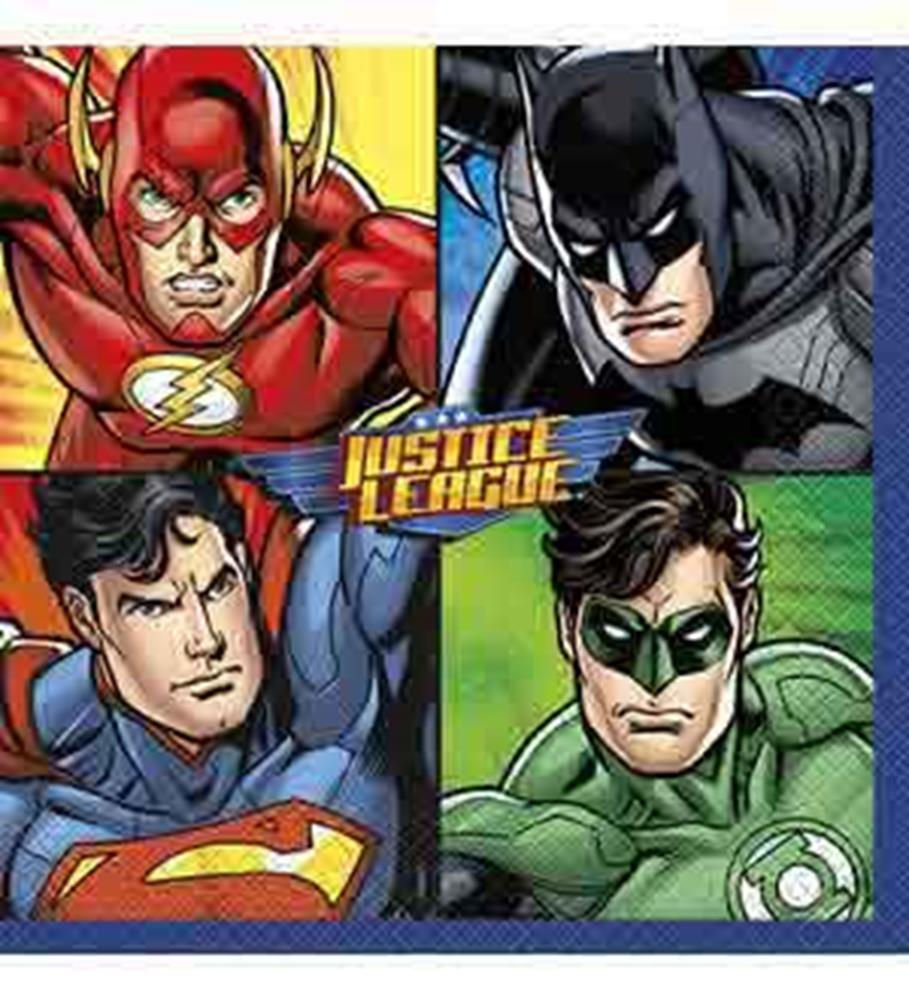Colorful paper napkins featuring close-up illustrations of The Flash, Batman, Superman, and Green Lantern with a Justice.