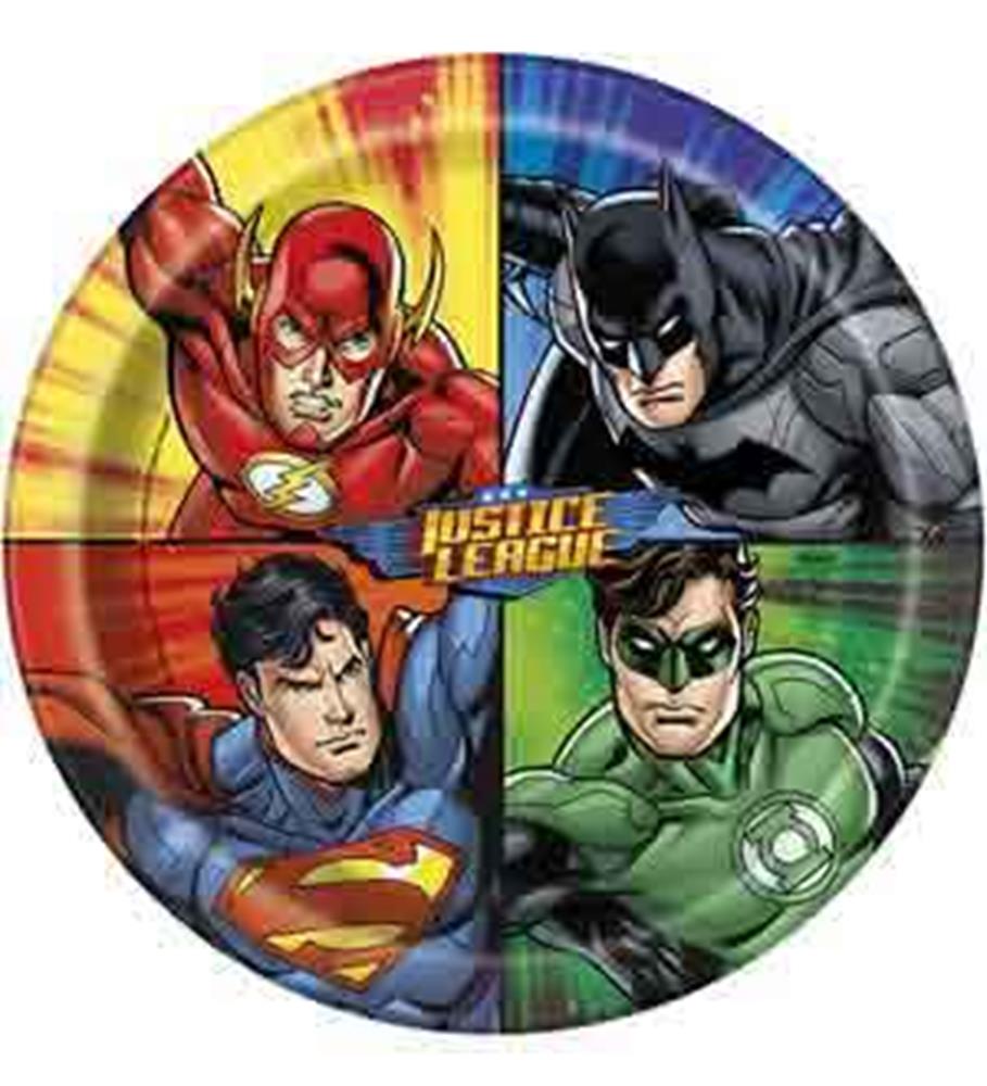 Round paper plate divided into four quadrants with The Flash, Batman, Superman, and Green Lantern illustrations and a.
