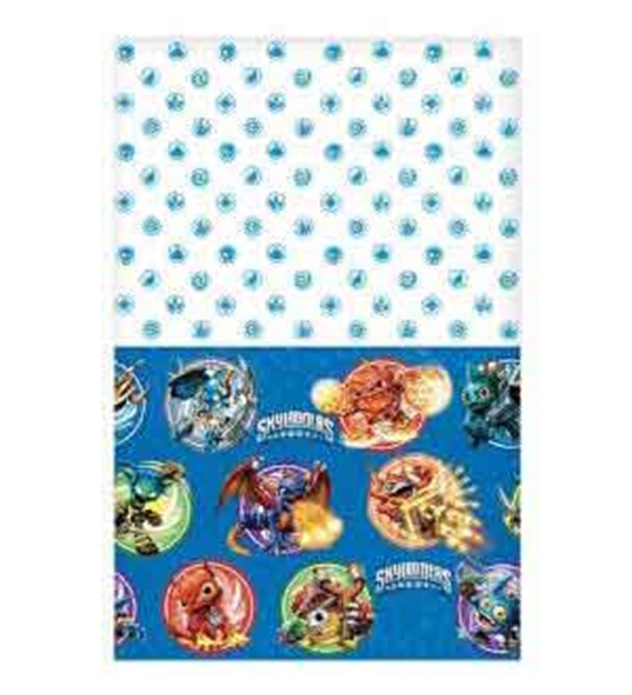 Blue Skylander-themed tablecover with character images on bottom half and patterned top half.