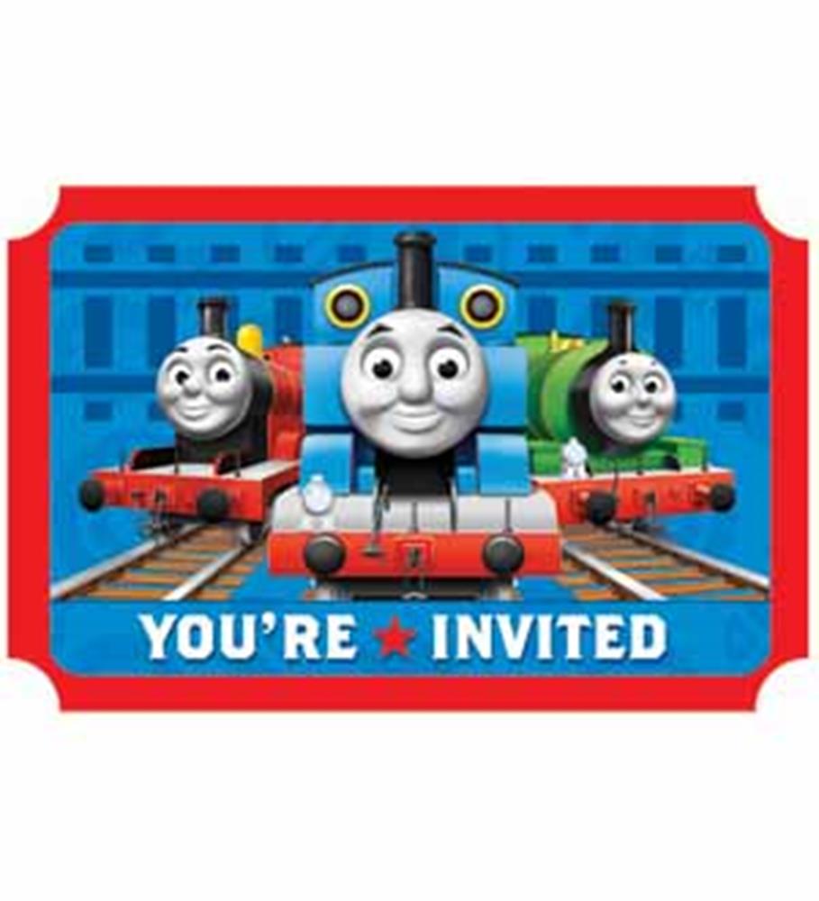 Blue birthday invitation featuring Thomas the Tank Engine and friends on railroad tracks with red border and "You're.