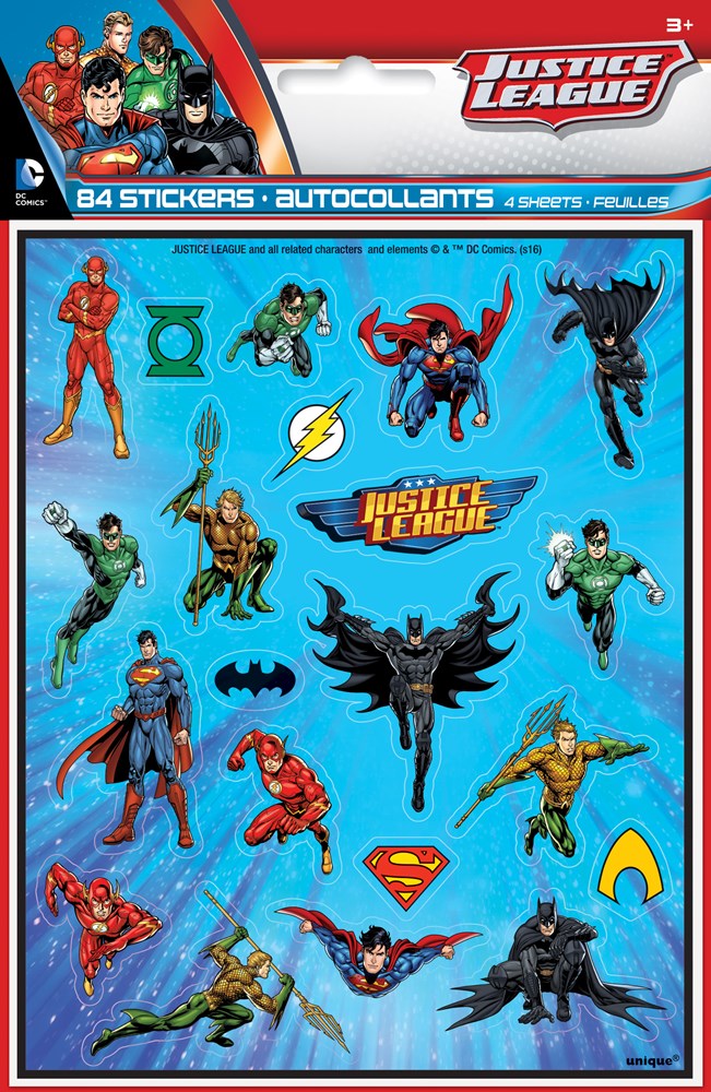 Justice League sticker sheet featuring colorful superhero poses on blue background, red header with Justice League logo.
