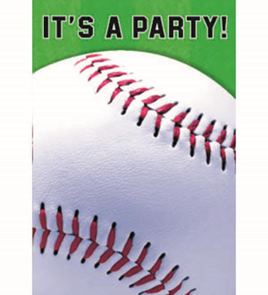 Baseball-themed party invitation with large white baseball and green background text "It's a Party!".