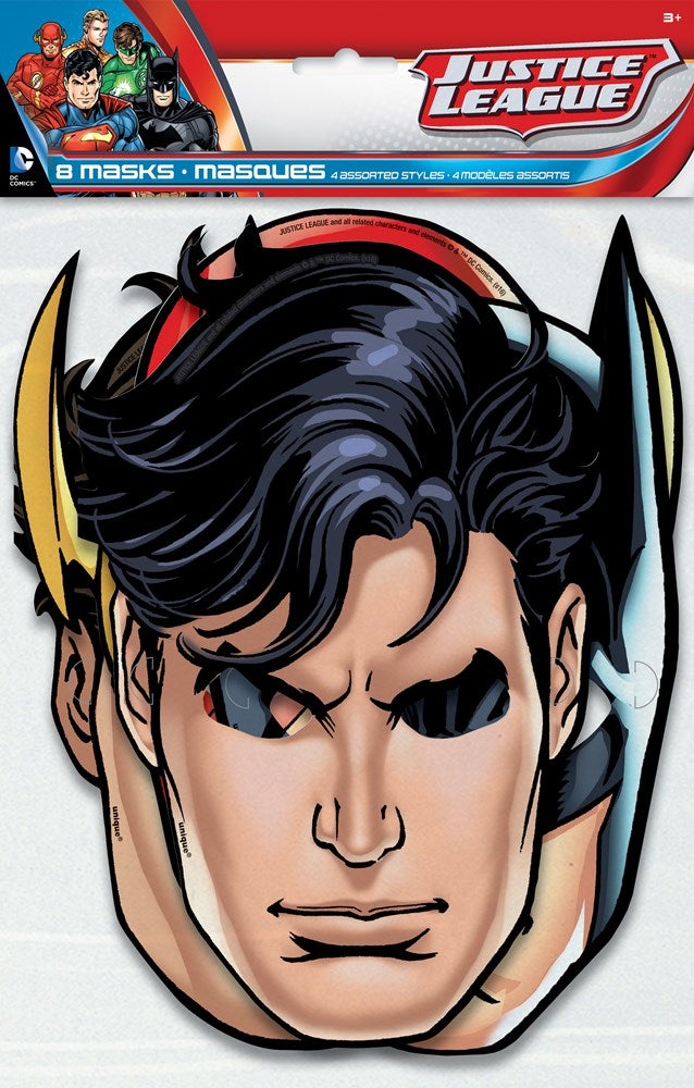 Set of eight Justice League superhero masks featuring colorful, detailed faces made of lightweight cardstock.