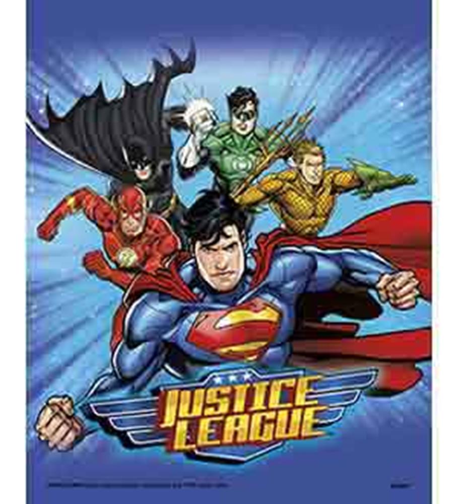 Justice League loot bag set featuring colorful superhero illustrations of Superman, Batman, Flash, Green Lantern, and.
