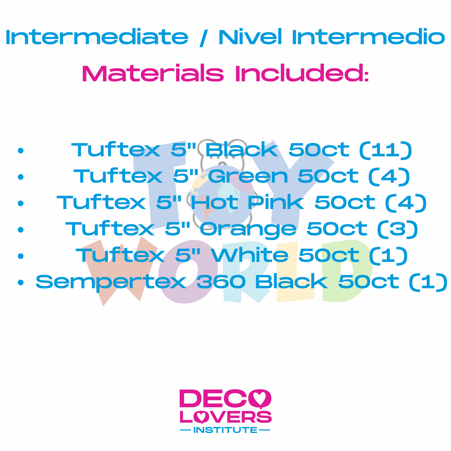 Text list of colorful materials included in Intermediate Level Kit with blue and pink headings on white background.