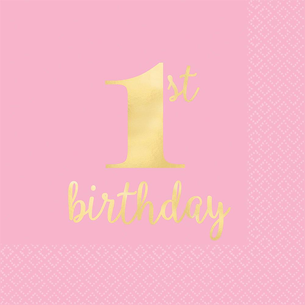 Pink beverage napkins with gold foil "1st birthday" text in elegant script.