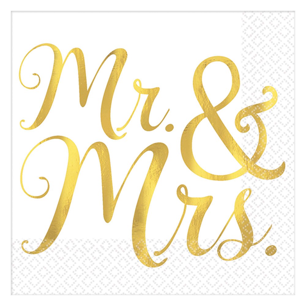 White square paper napkin with elegant gold foil script reading "Mr. & Mrs." and subtle embossed diamond pattern background.