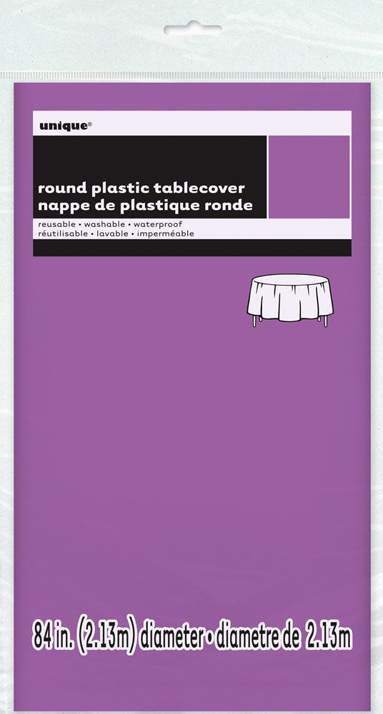 Round purple plastic tablecover, 84-inch diameter, smooth surface, matte finish.