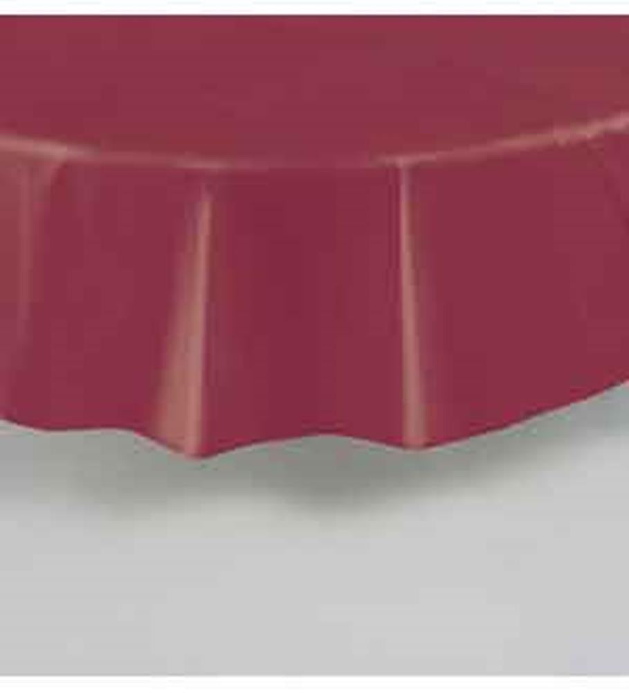 Round burgundy tablecloth with smooth fabric and subtle sheen, 84-inch diameter.