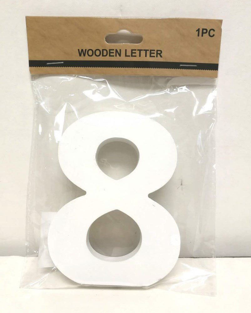White wooden number 8 with smooth finish, packaged in clear plastic with a brown label.
