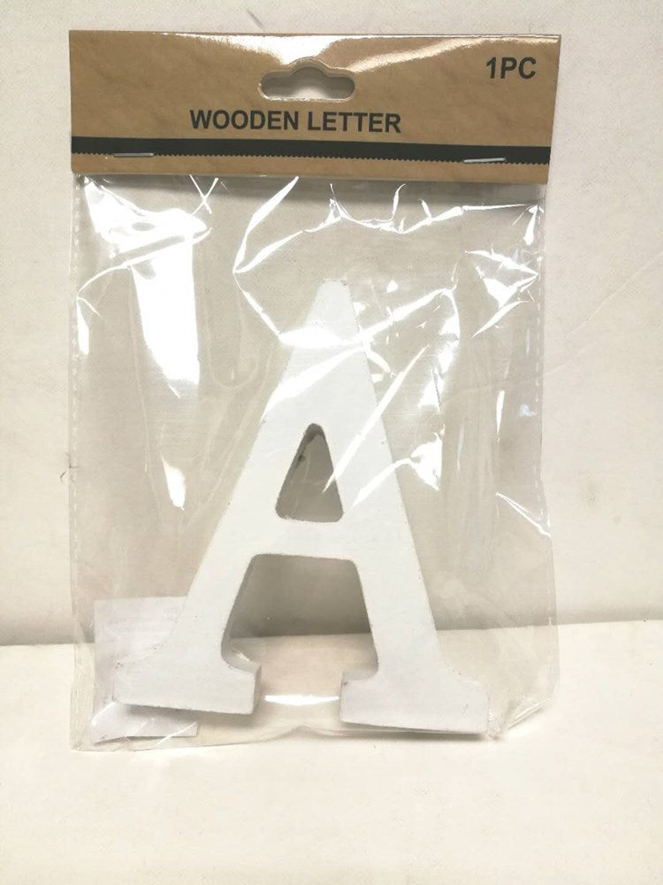White wooden letter A with smooth finish in clear plastic packaging with cardboard label.