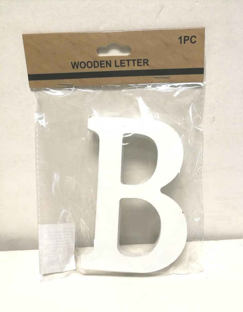 White wooden uppercase letter B with smooth finish in clear plastic packaging.