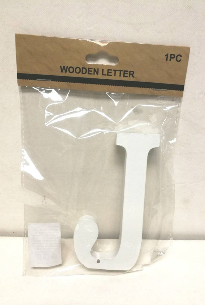 White wooden letter J with smooth finish, packaged in clear plastic with cardboard header labeled "Wooden Letter".