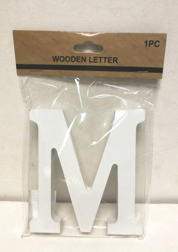 White wooden letter M with smooth finish in clear plastic packaging with brown header labeled "Wooden Letter".