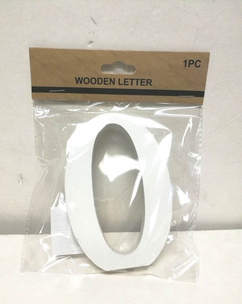White wooden letter O with smooth edges in clear plastic packaging and brown cardboard header.