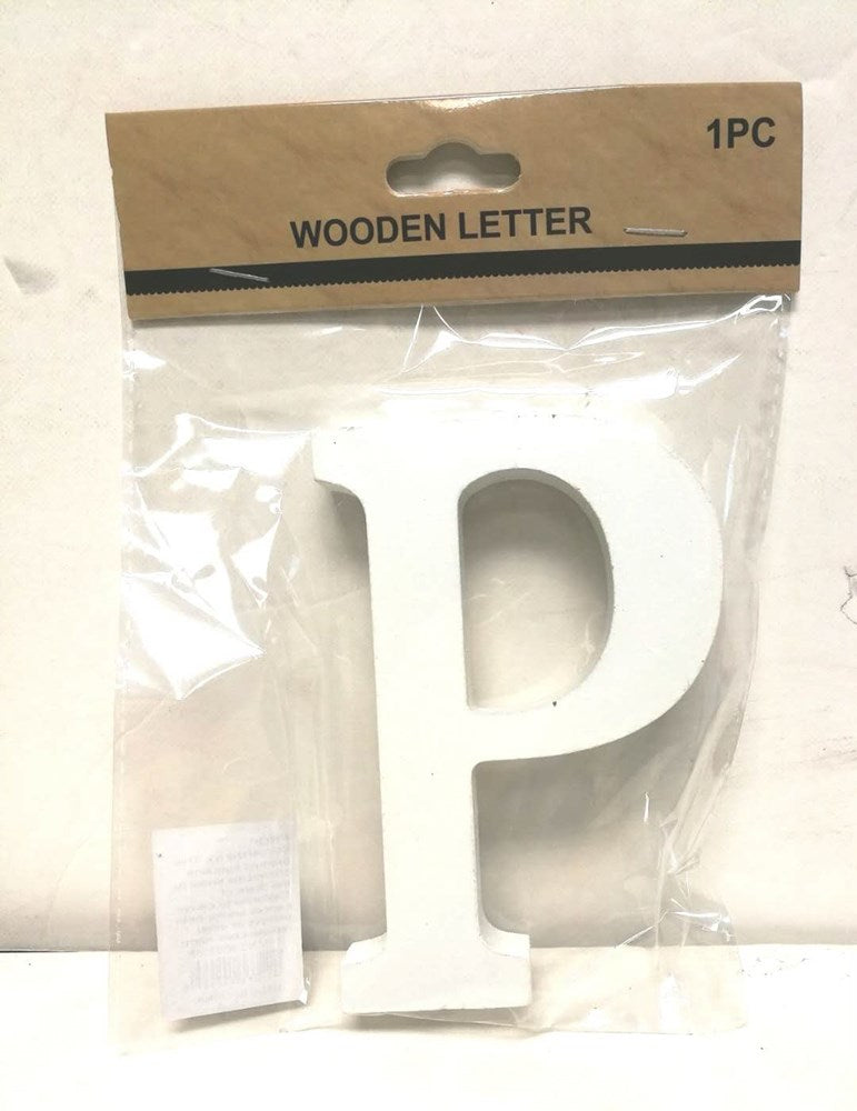 White wooden uppercase letter P in simple block style, packaged in clear plastic with brown cardboard label.