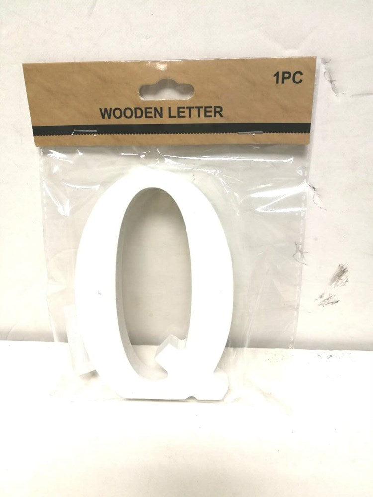 White wooden letter Q with smooth finish, packaged in clear plastic with brown label.