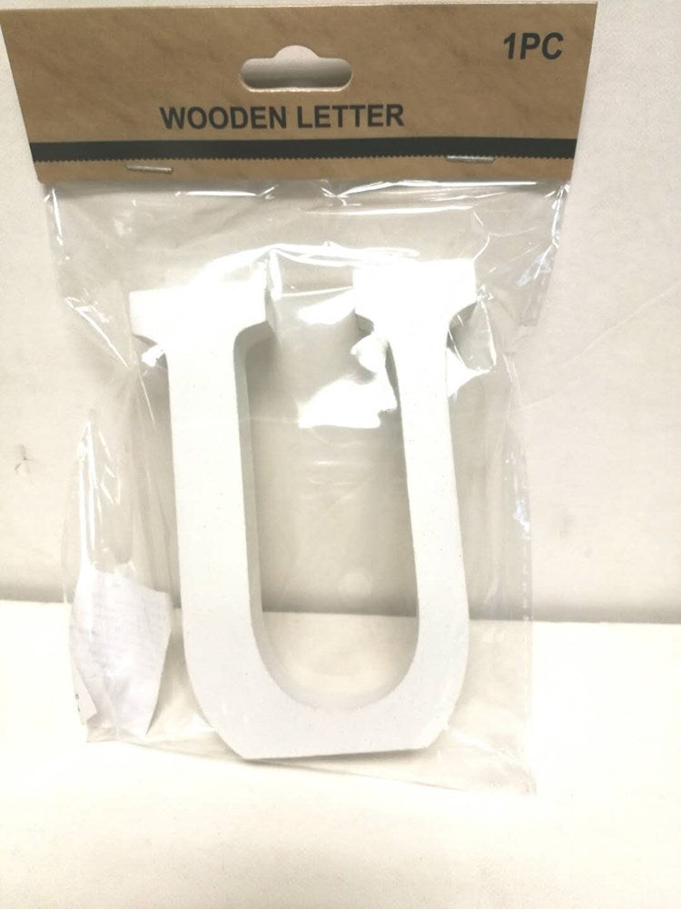 White wooden letter U with smooth finish, packaged in clear plastic with cardboard header.