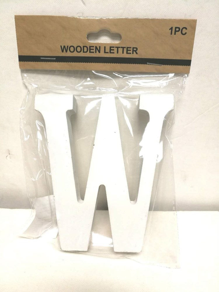 White wooden letter W with smooth edges in clear plastic packaging and brown cardboard label.