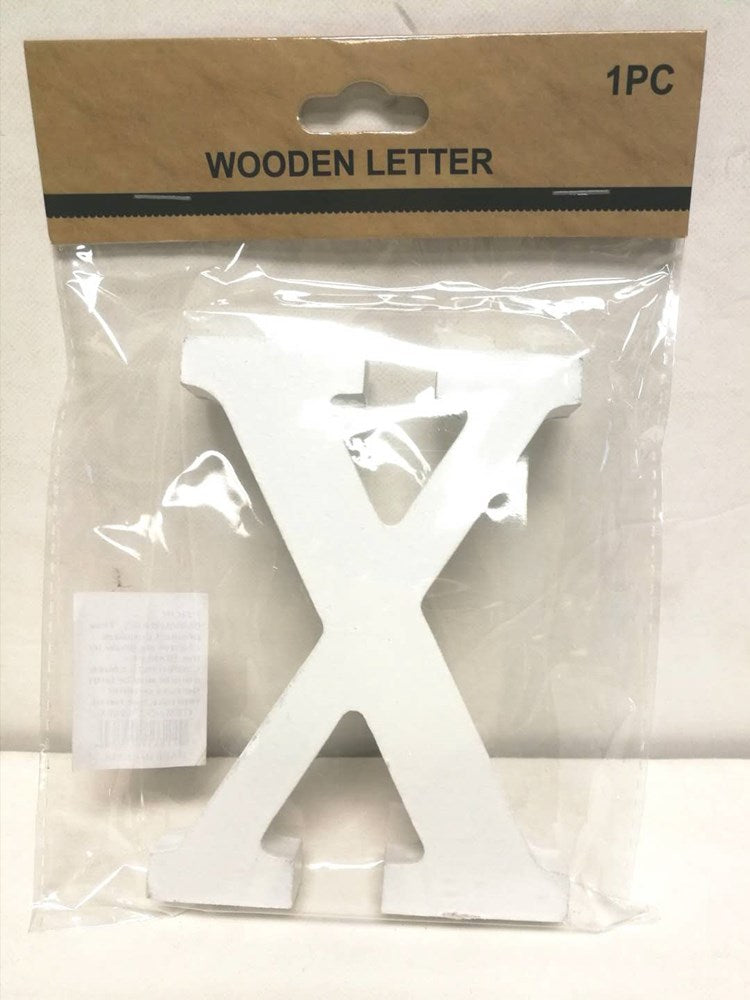 White wooden letter X with smooth finish in clear plastic packaging and brown label.